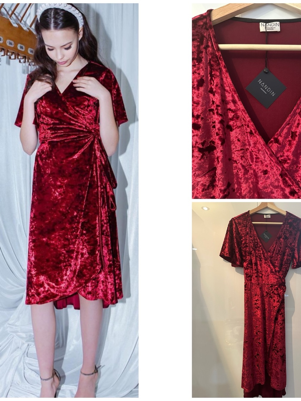 Burgundy Velvet Wrap Dress with Tie Waist